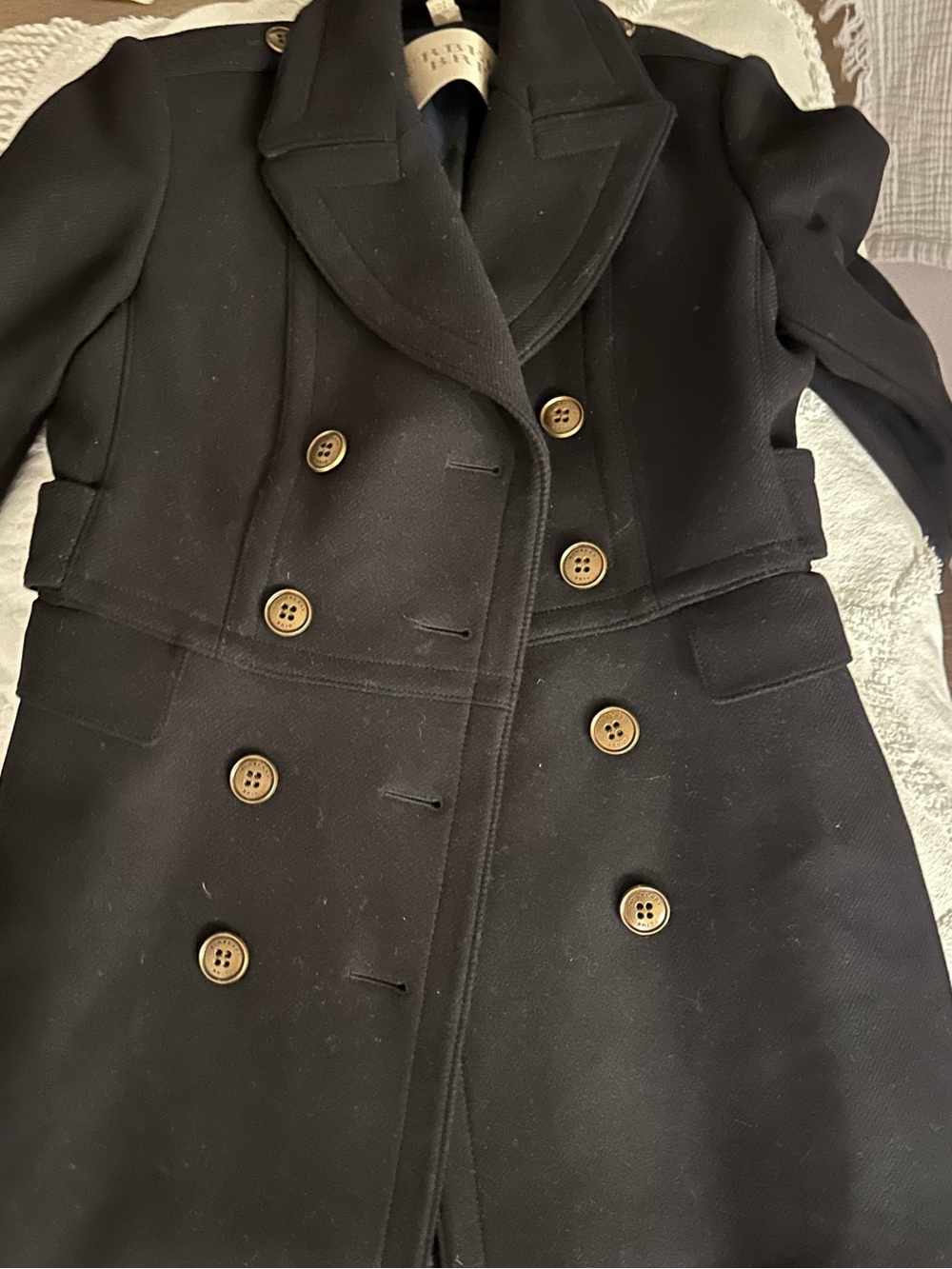 Burberry Black Double-Breasted Wool Blend Peacoat with Tan Buttons